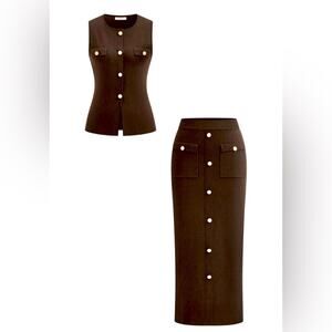 Commense Wool Blend Metal Button Vest & Skirt Set